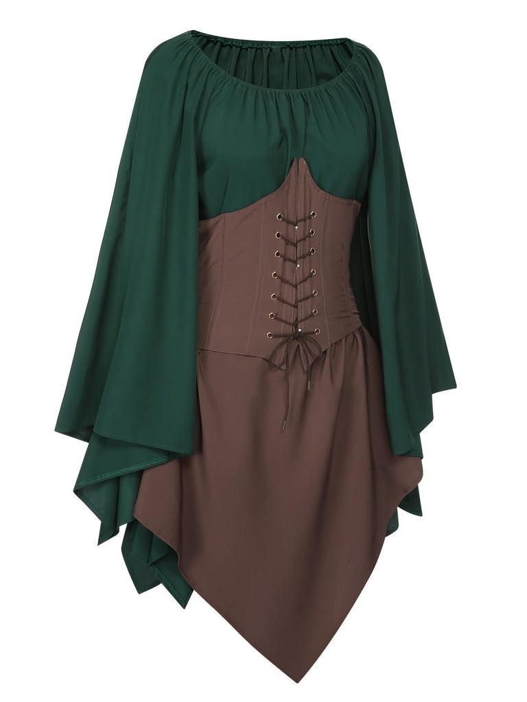 Braun 1950er Halloween Hexen Vampir Fledermausärmel Patchwork Kleid