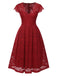 Weinrot 1940er Solide Spitze Flügelärmel Kleid