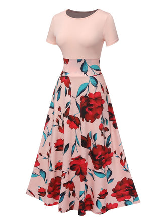 1970er Rundhals Blumen Patchwork Kleid