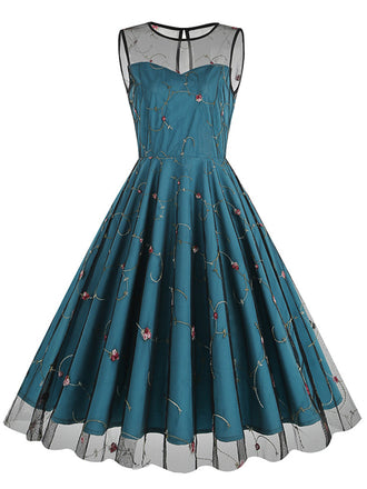 Dunkles Pfauenblau 1950er Blumen Masche Swing Kleid