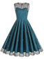 Dunkles Pfauenblau 1950er Blumen Masche Swing Kleid