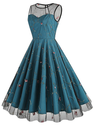 Dunkles Pfauenblau 1950er Blumen Masche Swing Kleid
