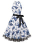 Blau Blumen 1950er Halter Blumen Spitzensaum Kleid