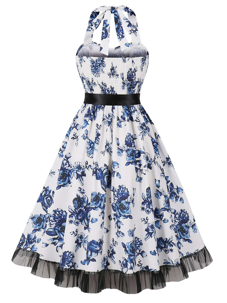 Schwarz 1950er Halter Blumen Spitzensaum Kleid