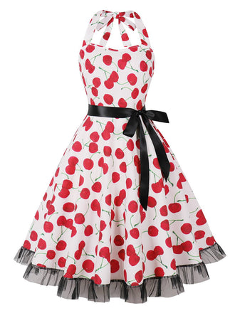 Rosa 1950er Halter Kirsche Spitzensaum Kleid