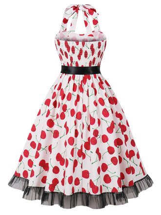 Rosa 1950er Halter Kirsche Spitzensaum Kleid