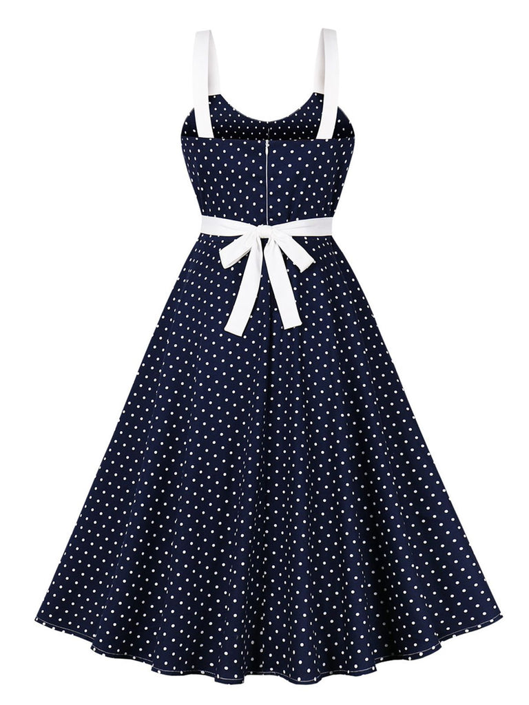Blau 1940er Träger Polka Dots Bogen Kleid mit Gürtel