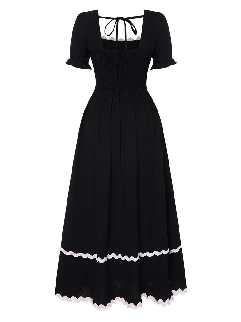 Schwarz 1930er Eckiger Ausschnitt Schnürung Puffärmel Kleid