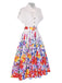 Weiß 1940er Blumen Hemdkragen Kleid mit Gürtel