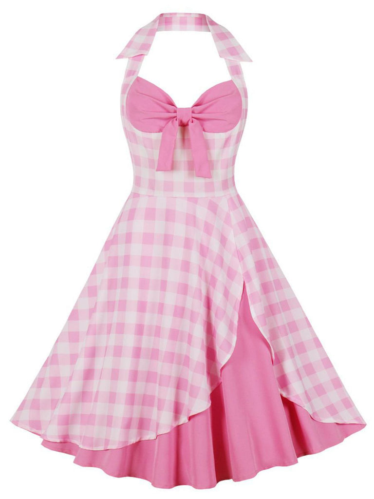 Rosa 1950er Halter Plaids Patchwork Kleid