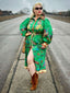 Grün 1940er Pfau Laternenärmel Hemd Kleid