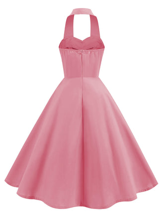 Rosa 1950er Solide Herzförmiger Hals Halter Kleid