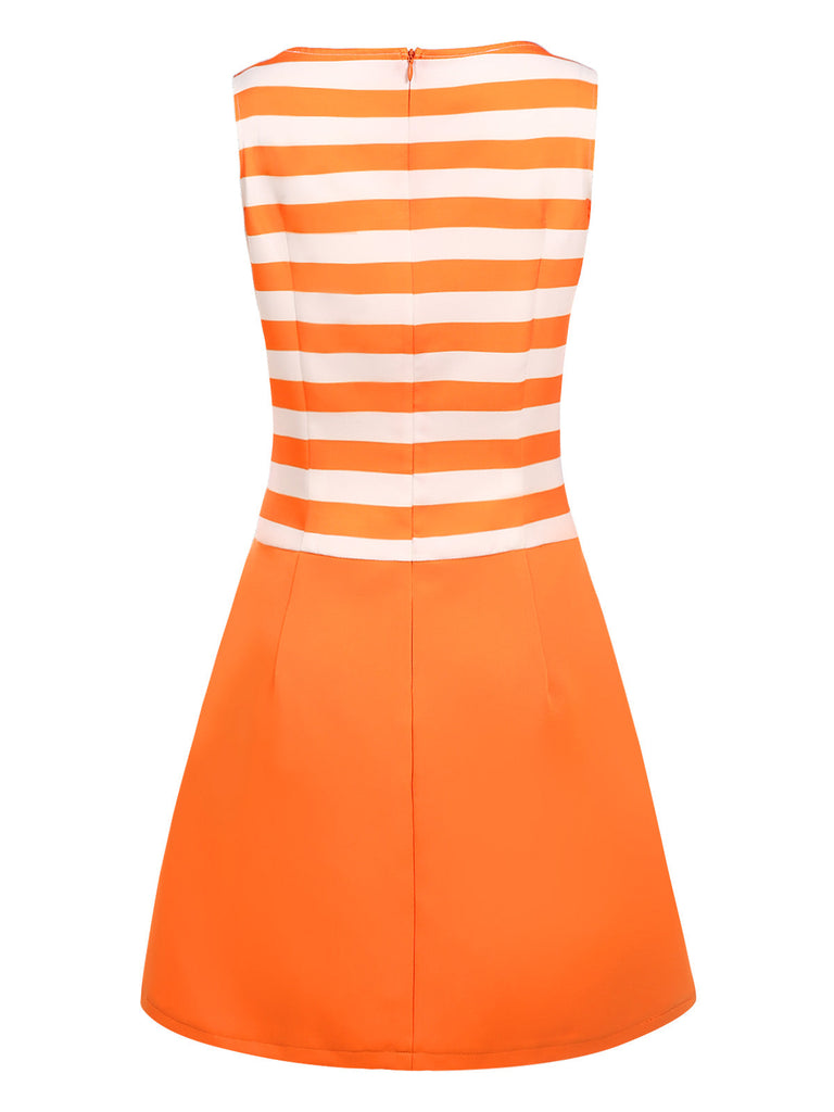 [Vorverkauf] Orange 1960er Tiefe Taille Streifen Kleid