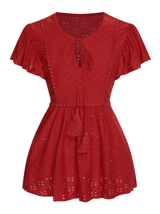 1940er Binden Flügelärmel Bestickt Bluse