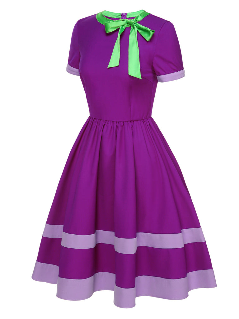 [Vorverkauf] Lila 1950er Solide Krawattenhals Kleid