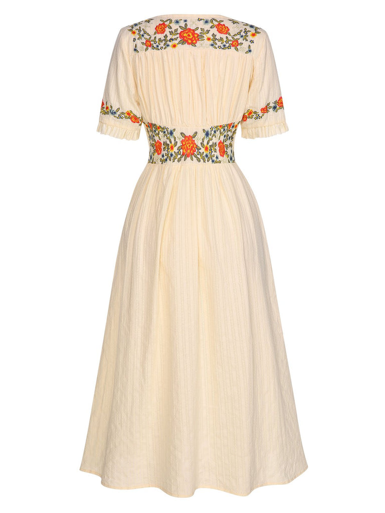 Beige 1940er V-Ausschnitt Knöpfen Blumen Kleid