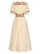 Beige 1940er V-Ausschnitt Knöpfen Blumen Kleid