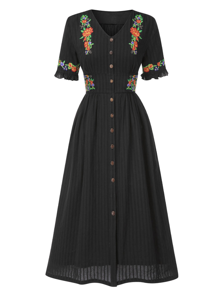 Beige 1940er V-Ausschnitt Knöpfen Blumen Kleid