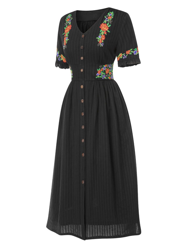 Beige 1940er V-Ausschnitt Knöpfen Blumen Kleid