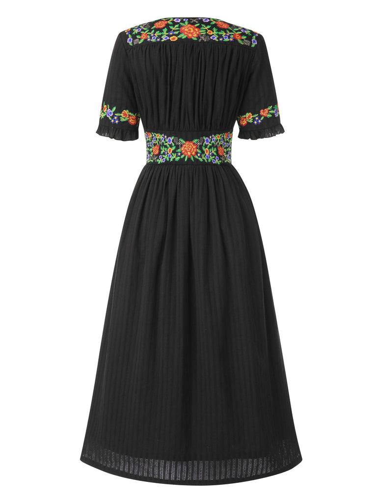 Beige 1940er V-Ausschnitt Knöpfen Blumen Kleid
