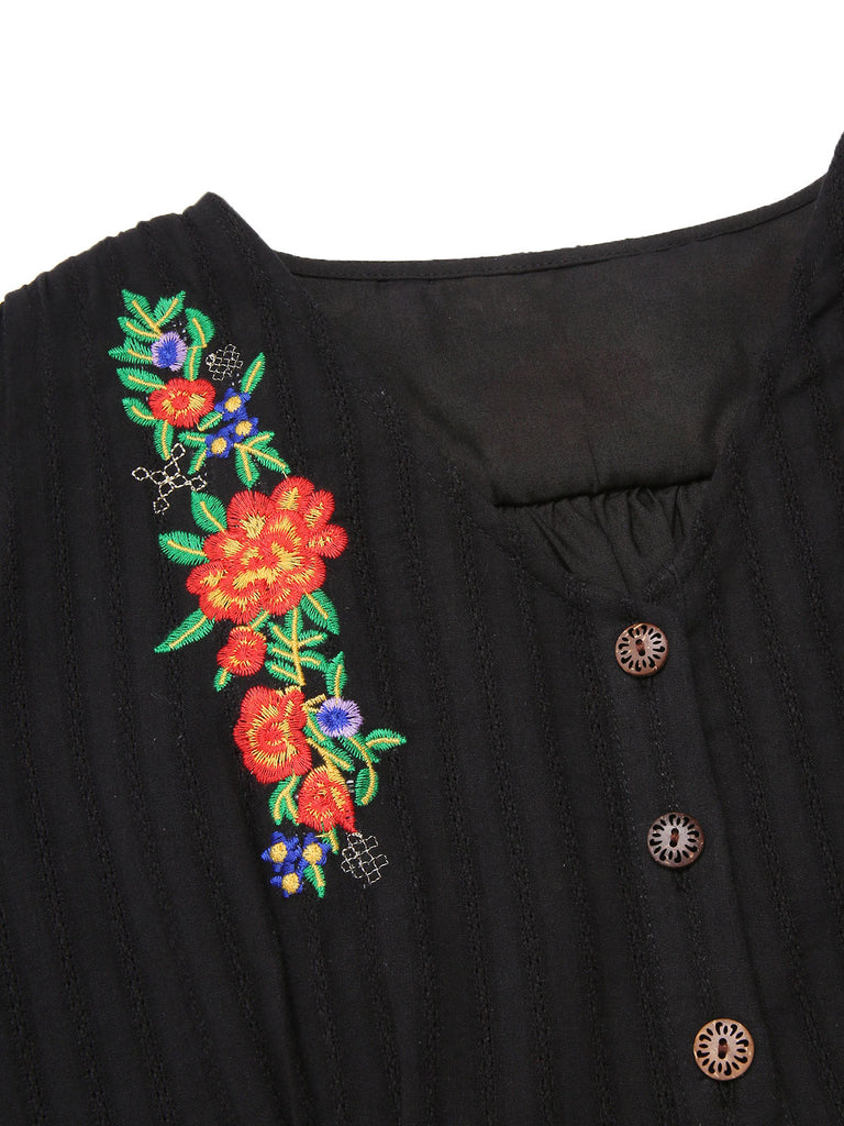Beige 1940er V-Ausschnitt Knöpfen Blumen Kleid