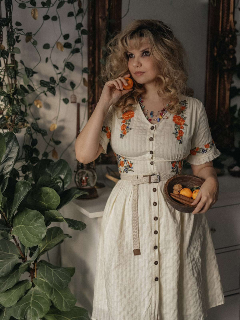 Beige 1940er V-Ausschnitt Knöpfen Blumen Kleid