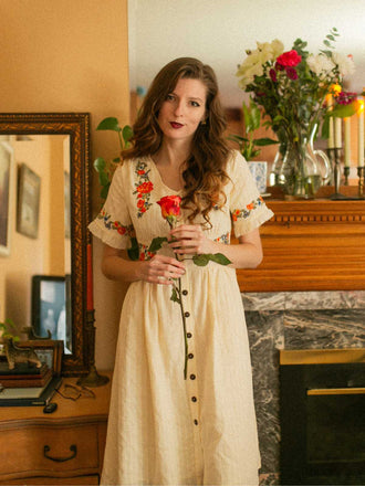 Beige 1940er V-Ausschnitt Knöpfen Blumen Kleid