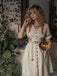 Beige 1940er V-Ausschnitt Knöpfen Blumen Kleid