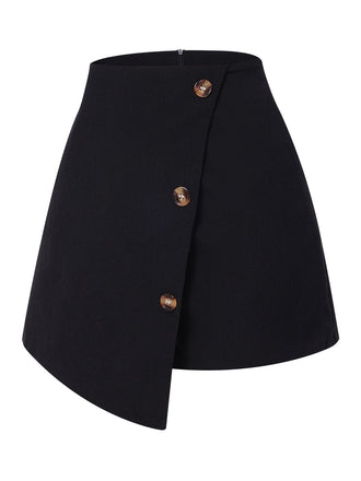 Schwarz 1940er Knopf Unregelmäßig Saum Rock