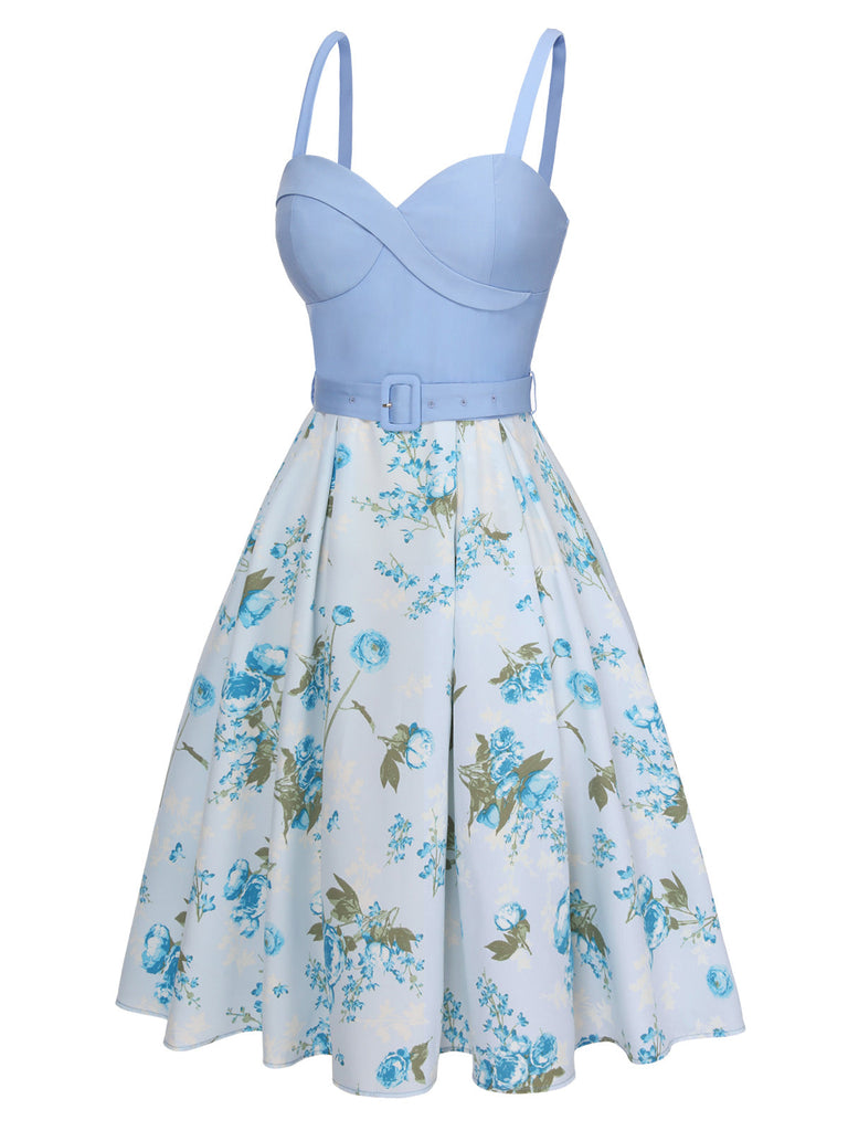 [Vorverkauf] Blau 1950er Spaghetti Träger Blumen Kleid mit Gürtel