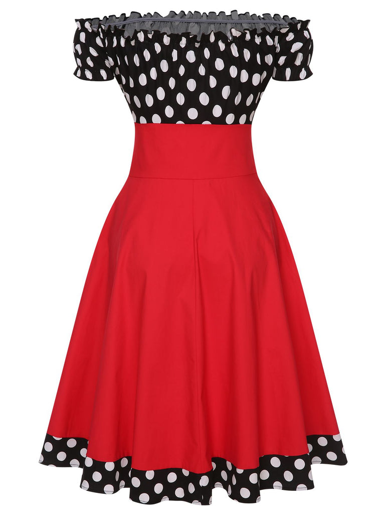 Schwarz & Rot 1950er Polka Dots Schulterfrei Kleid