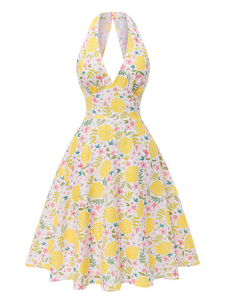 [Vorverkauf] Gelb 1950er Blumen V-Ausschnitt Kleid