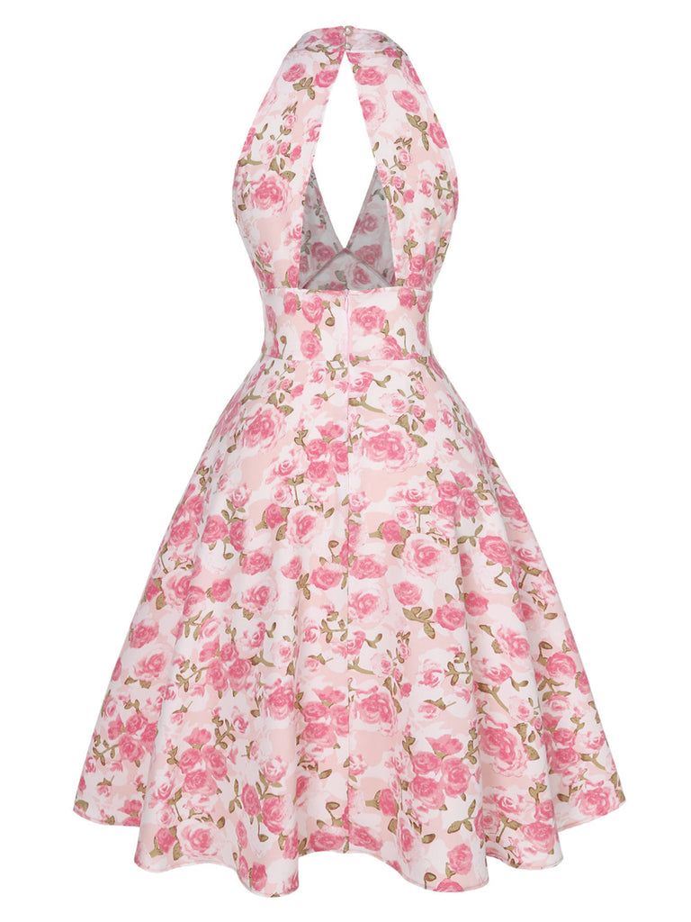 Orange 1950er Blumen V-Ausschnitt Kleid