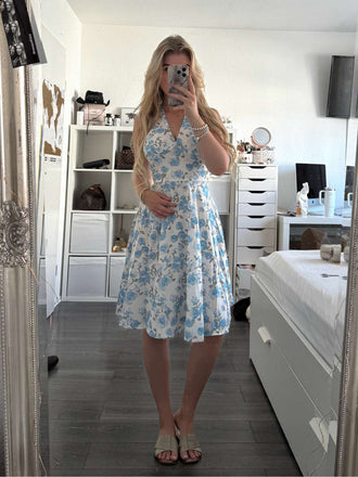 Blau 1950er Blumen V-Ausschnitt Kleid