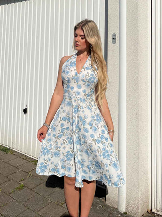 Blau 1950er Blumen V-Ausschnitt Kleid