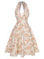 Orange 1950er Blumen V-Ausschnitt Kleid
