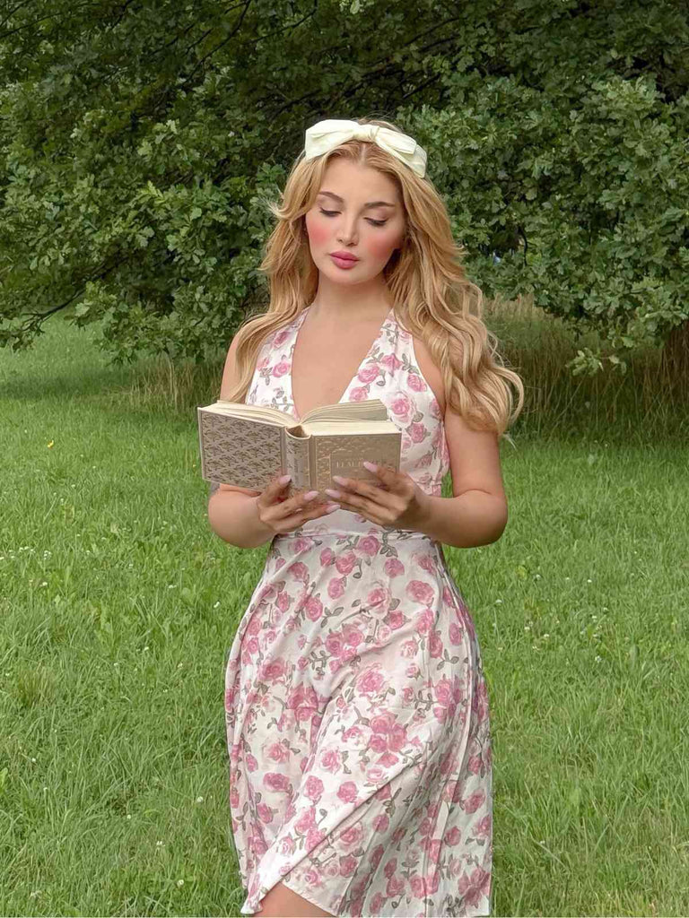 Rosa 1950er Blumen V-Ausschnitt Kleid
