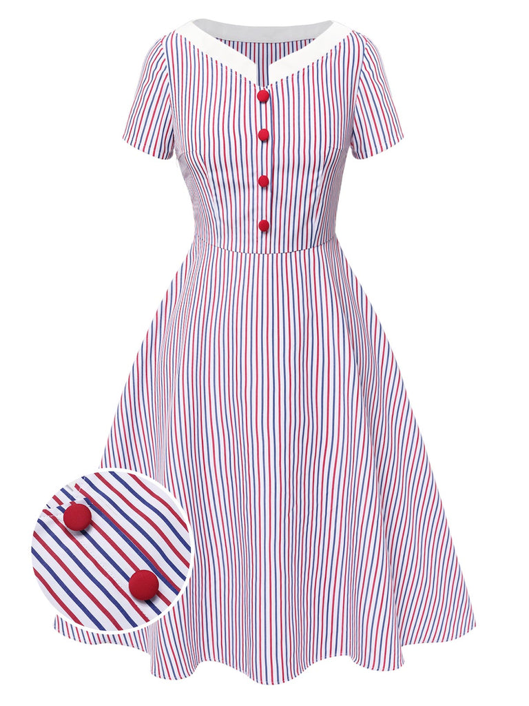 [Vorverkauf] 1940er Kontrast Streifen Button Swing Kleid