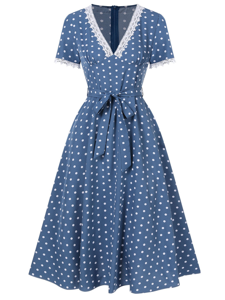 [Vorverkauf] Dunkelblau 1930er V-Ausschnitt Polka Dots Kleid mit Gürtel