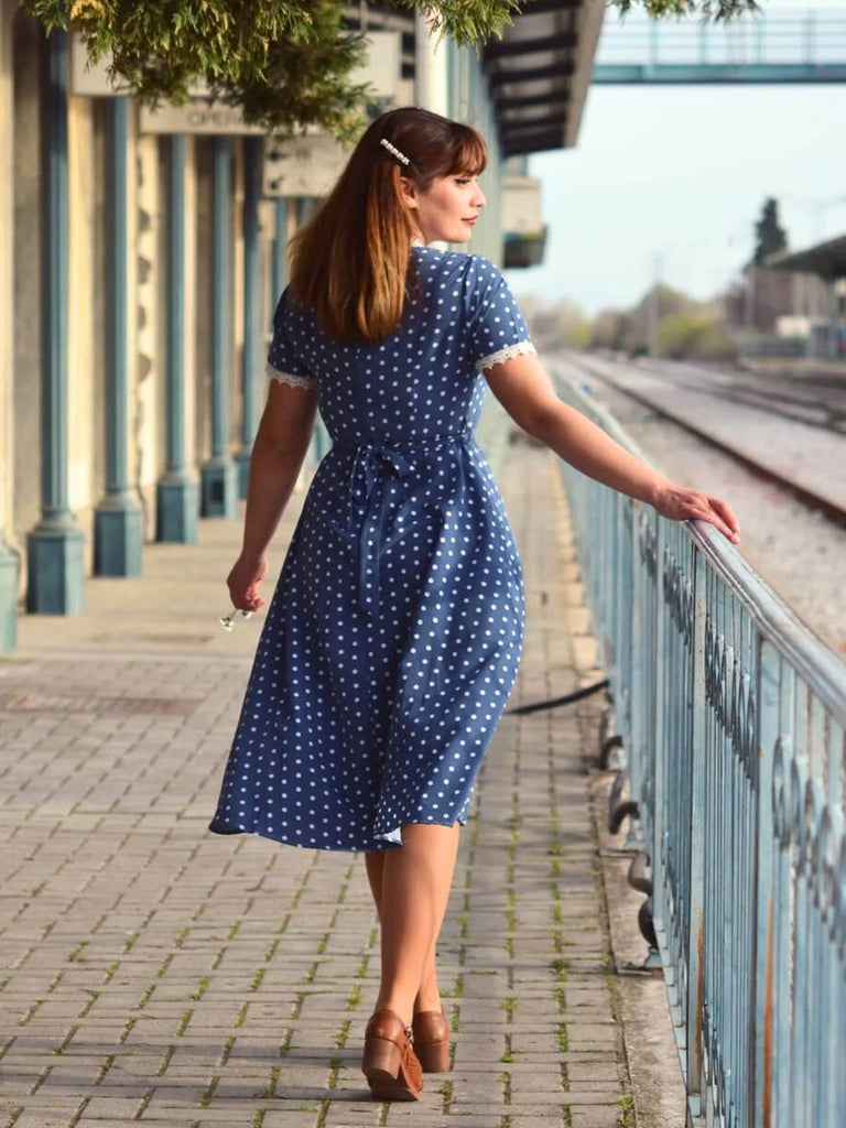 Dunkelblau 1930er V-Ausschnitt Polka Dots Kleid mit Gürtel