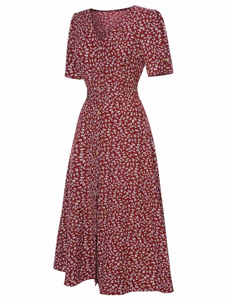 Weinrot 1940er V-Ausschnitt Ditsy Blumen Kleid