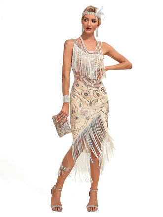 Helles Khaki 1920er Vintage Fransen Pailletten Midi Kleid
