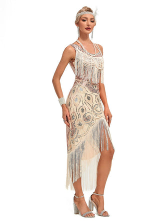 Helles Khaki 1920er Vintage Fransen Pailletten Midi Kleid