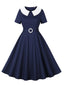 Dunkelblau 1950er Peter Pan Kragen Solide Kleid