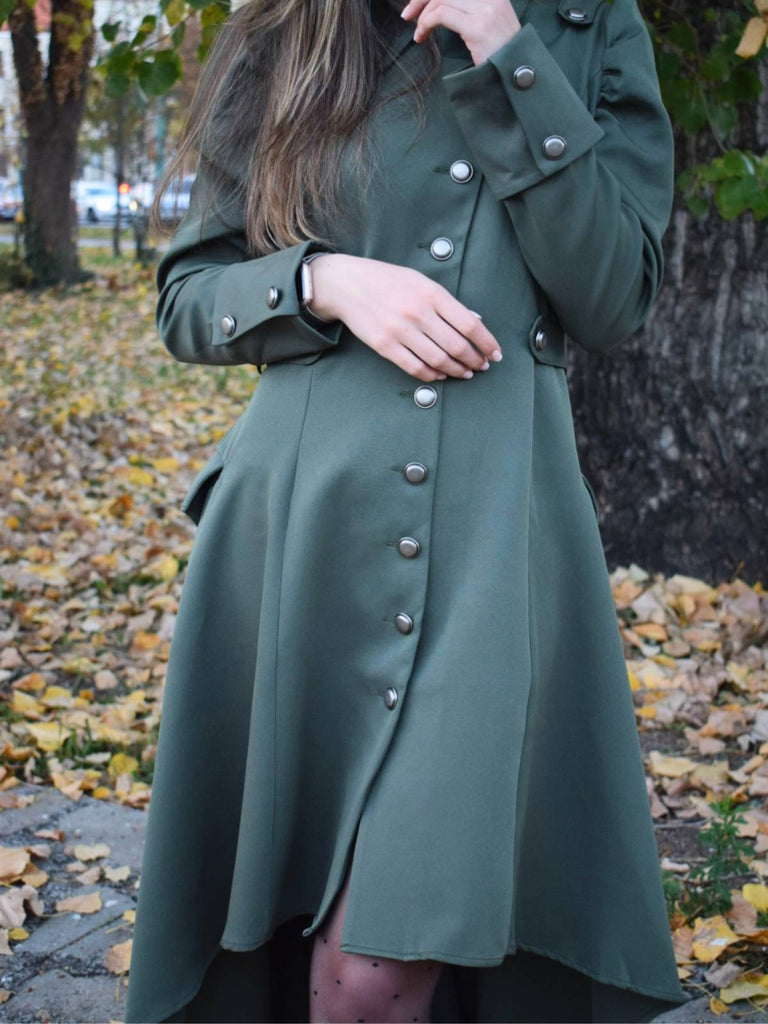 Grün 1950er Solide Stehkragen Mantel mit Knöpfen
