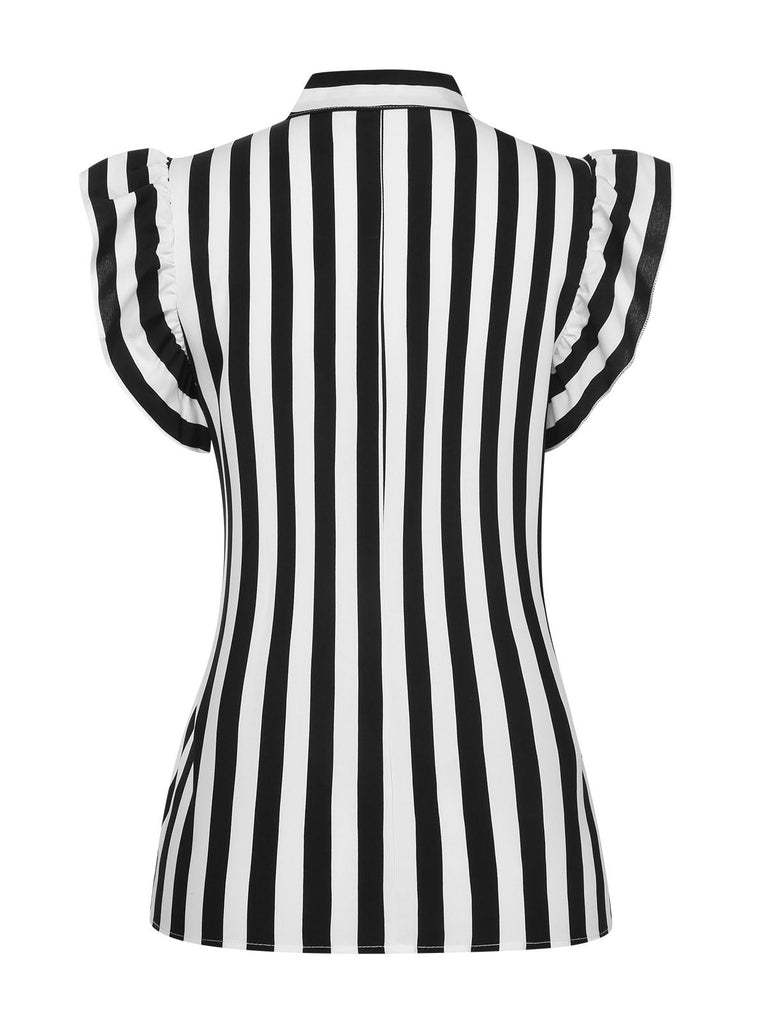 2PCS Schwarz 1930er Streifen Krawattenkragen Rüschenärmel Bluse & Hose