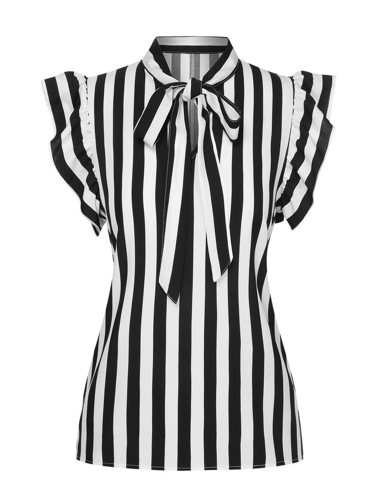 2PCS Schwarz 1930er Streifen Krawattenkragen Rüschenärmel Bluse & Hose