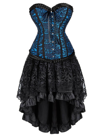 2PCS Blau 1970er Steampunk Spitze Korsett & High-Low Rock