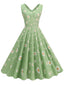 Grün 1950er Gänseblümchen V-Ausschnitt Swing Kleid