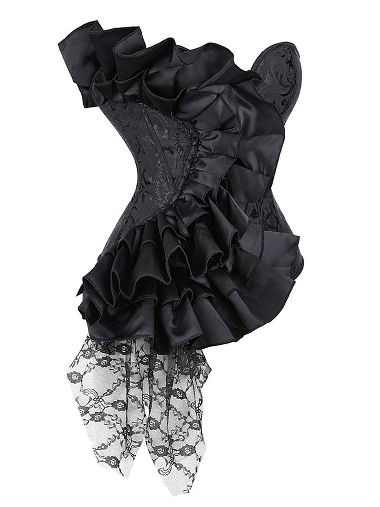 Schwarz 1970er Steampunk Rüschen Spitze Patchwork Korsett